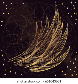 Vector illustration of golden wing on purple background. Design element for emblem, sign, vintage style posters and more.