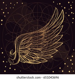 Vector illustration of golden wing on purple background. Design element for emblem, sign, vintage style posters and more.