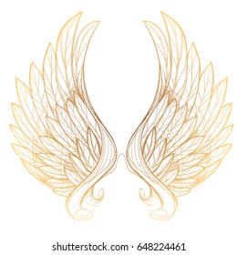 Vector illustration of golden wings, isolated on white background. Design element for emblem, sign, vintage style posters and more.