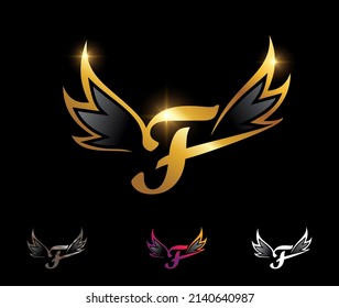 Ilustración vectorial del logotipo del monograma de las alas doradas Letra inicial F