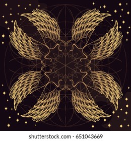 Vector illustration of golden wings on purple background. Design element for emblem, sign, vintage style posters and more.