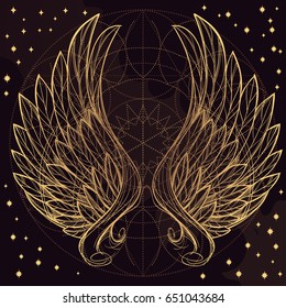 Vector illustration of golden wings on purple background. Design element for emblem, sign, vintage style posters and more.