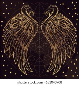 Vector illustration of golden wings on purple background. Design element for emblem, sign, vintage style posters and more.