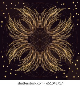 Vector illustration of golden wings on purple background. Design element for emblem, sign, vintage style posters and more.