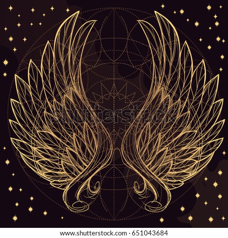 Vector illustration of golden wings on purple background. Design element for emblem, sign, vintage style posters and more.