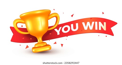 Vector illustration of golden winner cup with shadow and red ribbon with text you win on white background. 3d style design of best winner gold award for web, site, banner, poster