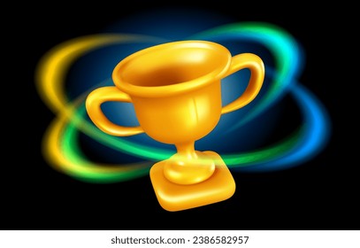 Ilustración vectorial de la copa ganadora dorada con círculo brillante sobre fondo negro. 3d diseño de estilo del premio de oro mejor ganador para web, sitio, banner, afiche