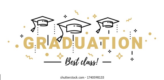 Vector illustration of golden word graduation with graduate cap on white background. Cap thrown up. Congratulation graduate class of graduation. Line art style design for greeting card, banner