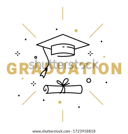 Vector illustration of golden word graduation with graduate cap and diploma on white background. Congratulation graduate class of graduation. Line art style design of greeting card, banner, invitation