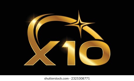 Ilustración vectorial del logotipo de las letras iniciales del monograma Golden X10 en fondo negro con efecto de brillo dorado