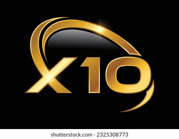 A vector illustration of Golden X10 Monogram Initial Letters Logo in black background with gold shine effect