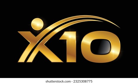 A vector illustration of Golden X10 Monogram Initial Letters Logo in black background with gold shine effect