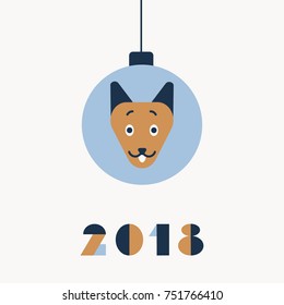 a vector illustration of a golden or yellow dog as a symbol of 2018 New Year  per Chinese Lunar Calendar; a flat  card or poster with a Christmas tree decoration: a ball with a dog's face