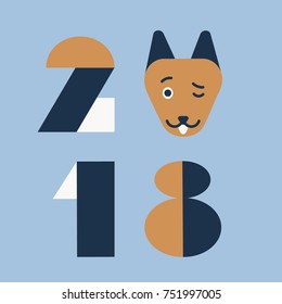 a vector illustration of a golden or yellow dog as a symbol of 2018 New Year per Chinese Lunar Calendar; a flat card or poster for winter holidays with a dog's cute face 