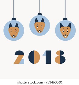 a vector illustration with golden or yellow dogs as a symbol of 2018 new year as per Chinese Lunar Calendar; a flat cover with a Christmas tree decorations: balls with dog's face