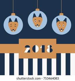 a vector illustration with golden or yellow dogs as a symbol of 2018 new year as per Chinese Lunar Calendar; a flat cover with a Christmas tree decorations: balls with  dog's face