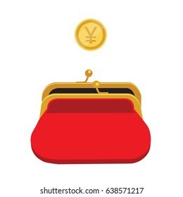 Vector illustration golden yen coin falling in red retro purse. Dollars dropping in open purse. Saving money concept. 