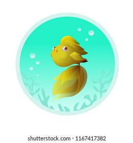 Vector illustration of goldfish in aquarium, underwater, bubbles and underwater plants on white background. Icon, symbol, cartoon style.