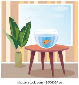 Vector illustration of a goldfish in aquarium which is on table in room. EPS 10