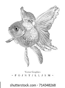 Vector illustration with goldfish drawn by hand. Graphic drawing, pointillism technique. Underwater world. Black and white animal element isolated on white