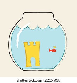 vector illustration of a goldfish in a fishbowl, with a crown and a castle; colorful drawing 