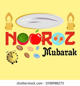 Vector illustration of a goldfish, grass, red apples, colored eggs, clock, mirror, candle, as a symbol of the celebration of International Nowruz Day and Happy Nowruz. Translation "Persian New Year"