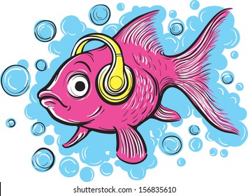 Vector illustration of goldfish music fan with headphones in water. Easy-edit layered vector EPS10 file scalable to any size without quality loss. High resolution raster JPG file is included. 