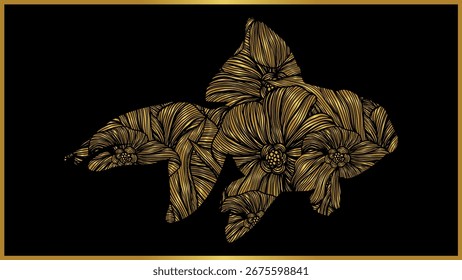 A vector illustration of a goldfish, rendered in intricate, textured golden lines, Isolated on a solid black background.