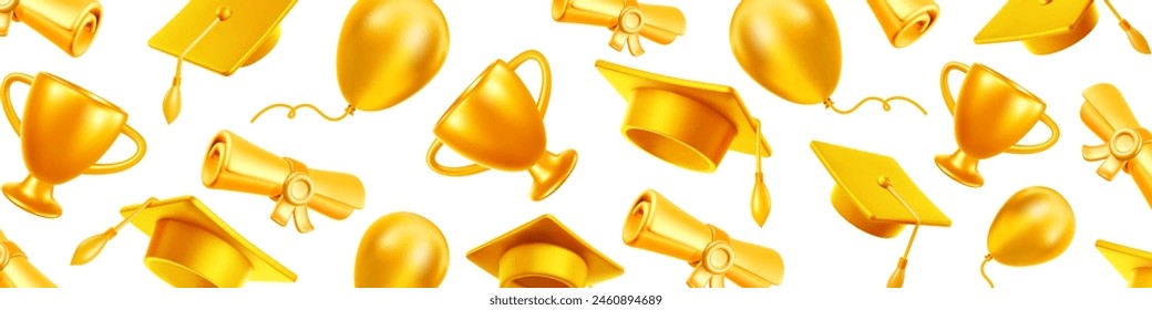 Vector illustration of goldne shine graduate cap and diploma scroll on white background. Caps thrown up pattern with winner cup. 3d style design of congratulation graduates with graduation hat