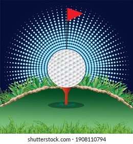 Vector illustration of golf ball and golf club on the green. Golf sport poster background with drawing figure