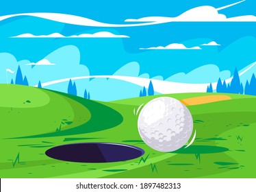 Vector illustration of a golf ball on a lawn on a lawn field landscape background, playing golf on a green field