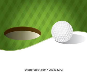 A vector illustration of a golf ball on a green background. Room for copy space. Vector EPS 10. EPS contains transparencies.