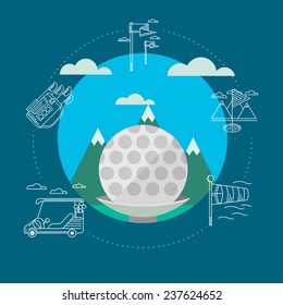 Vector illustration of golf. Golf ball on a background of green mountains and blue sky. Circle flat vector illustration with white contour sign of golf elements and clouds around on blue background.