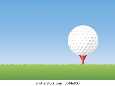 Vector illustration of a golf ball on a tee in short grass. Copyspace available.