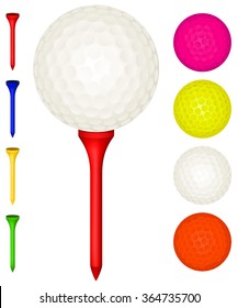 Vector illustration of golf balls and tees in various colors.