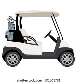 Vector illustration of golf cart with blue golf clubs bag. Sport equipment. Golf club