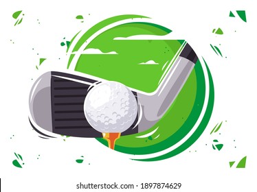 Ilustración vectorial de un club de golf con una bola sobre fondo verde