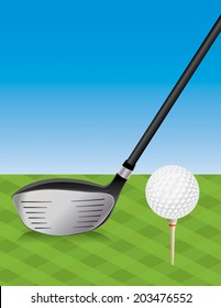 A vector illustration of a golf club driver and teed golf ball on the tee box. Vector EPS 10 file contains transparencies.