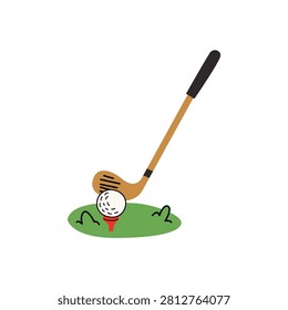 Vector illustration of a golf club preparing to hit a ball on green grass, in a cartoon doodle style. Used in sports themes, for sports games