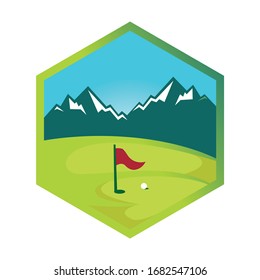 Ilustración vectorial de un campo de golf con vistas a las montañas