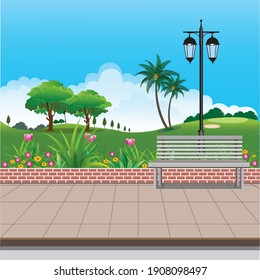 Vector illustration of golf course with beautiful decorations.