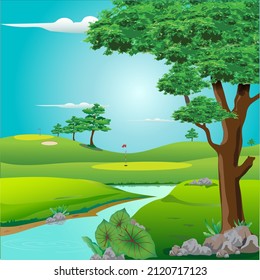 Vector illustration of golf course with beautiful decorations.
