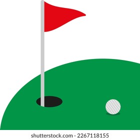 Vector illustration of golf course with flag ball and hole. Hole in one. Recreation and sports. Goals.