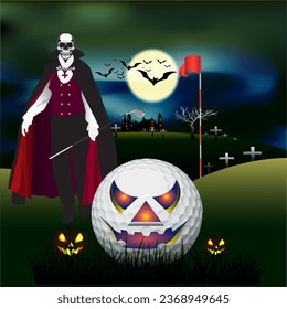 Vector illustration of golf course on Halloween night.