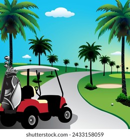 Ilustración vectorial de un campo de golf con una carretera para carritos de golf.