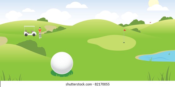 vector illustration of a golf course scene showing golfer, cart, course, green and water hazard