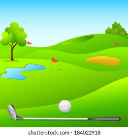 vector illustration of golf course with stick and ball