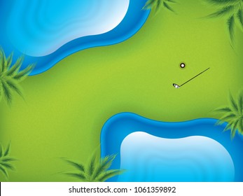 Vector illustration golf course, top view.Ttwo lakes on the golf course to complicate the game.