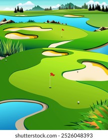 Vector illustration of a golf course in the valley.