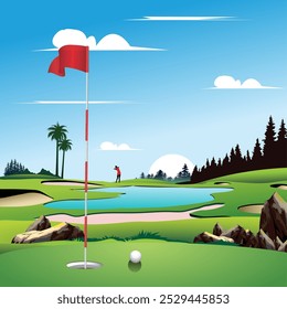 Vector illustration of a golf course in the valley.
